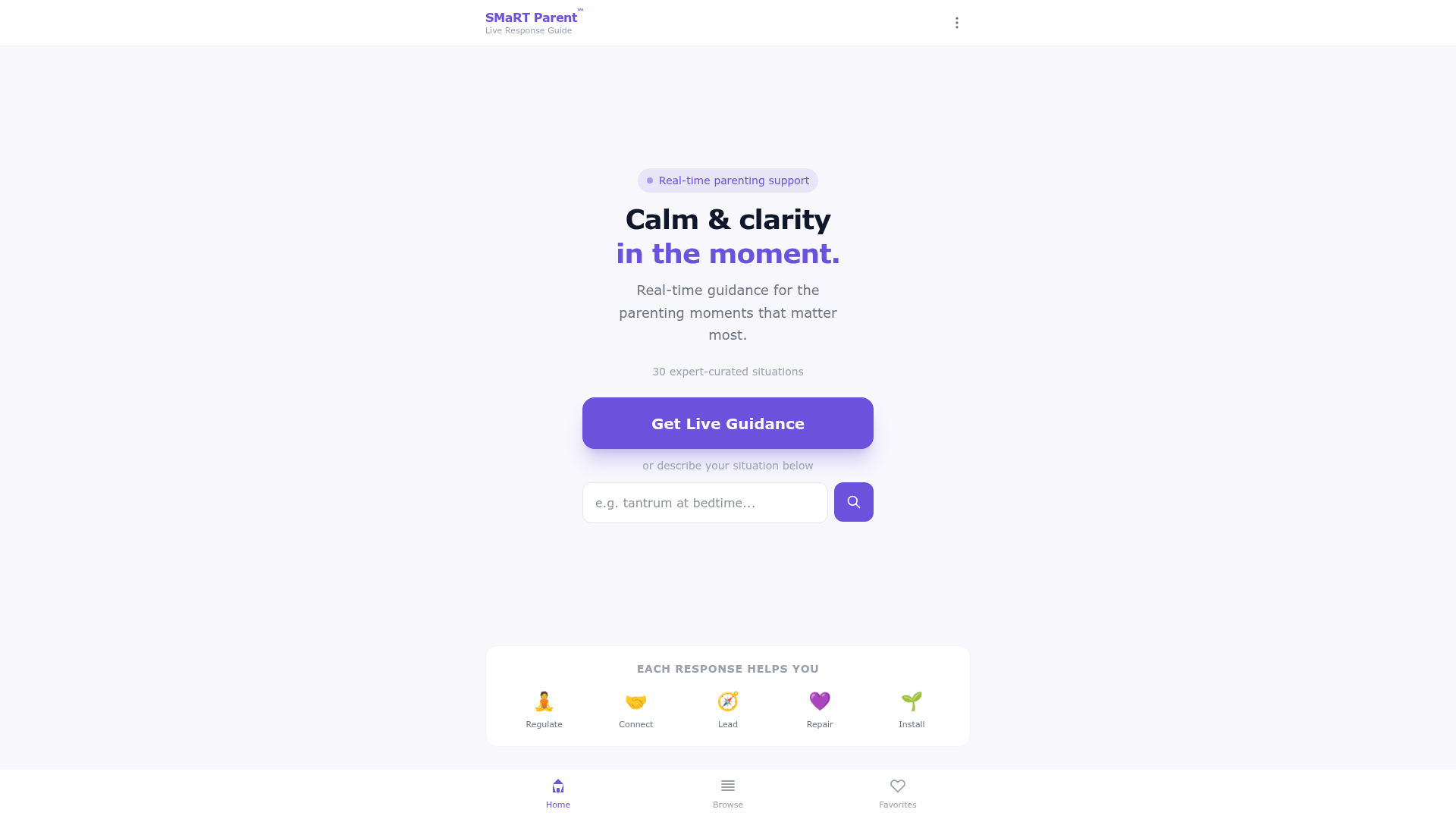 The SMaRT Parent Live Response Guide website homepage