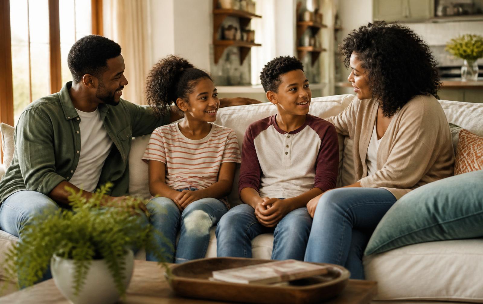 A family with a teen and tween sitting together in warm conversation